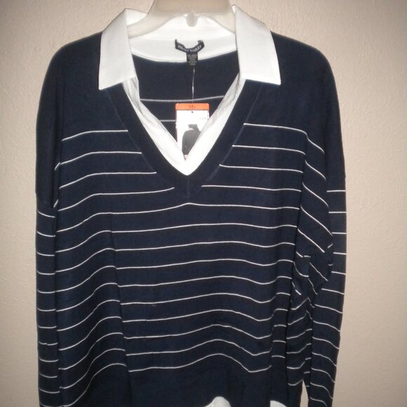 Hilary Radley Women's Plus Size XXL Blue Off White Stripe Collared Sweater NWT - Picture 2 of 5